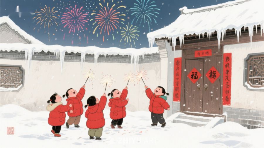雪中孩童放烟花迎新年 1116
