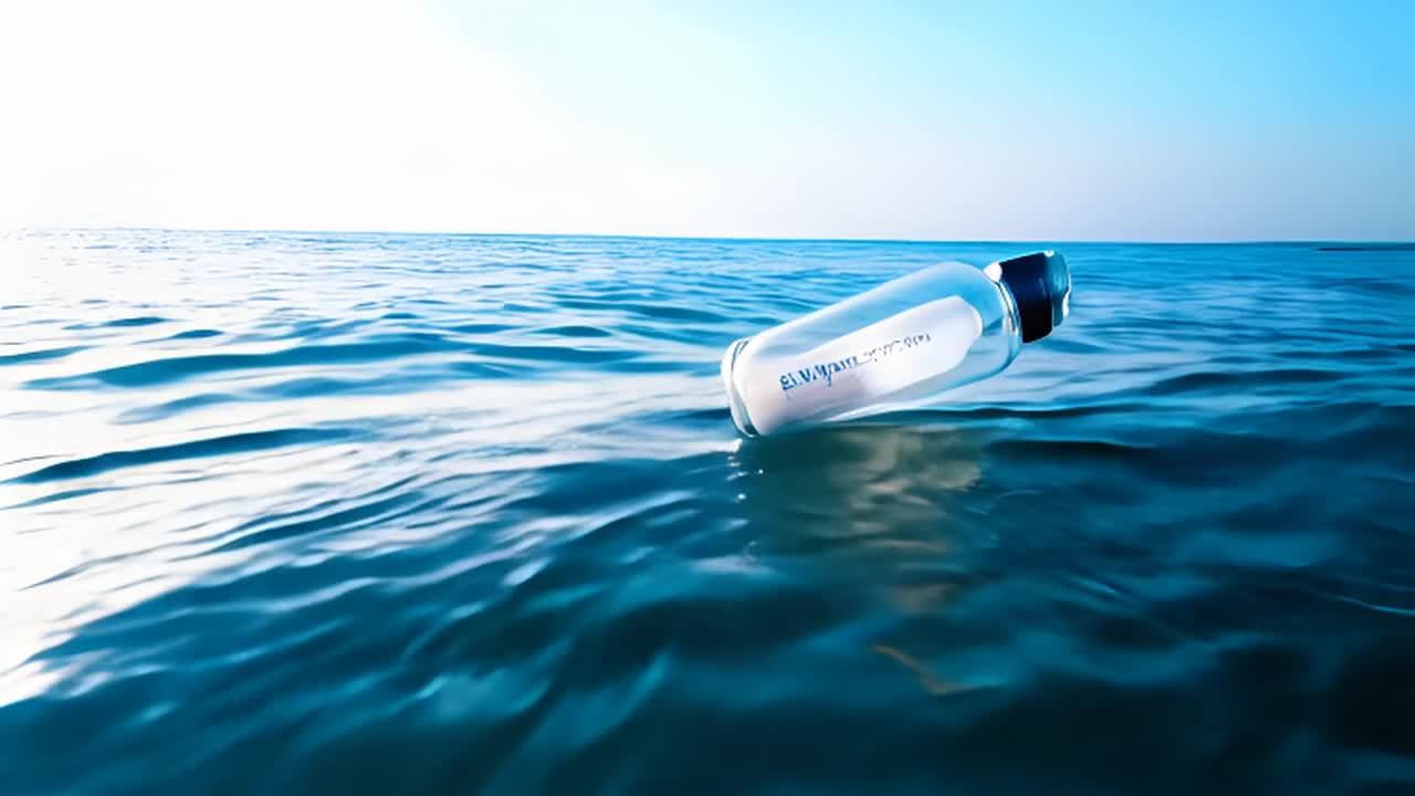 一个装有纸条的玻璃瓶漂浮在海面上。海面波光粼粼，阳