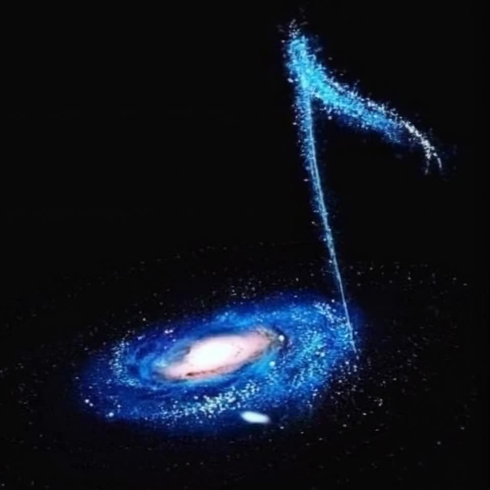 一个由蓝色和白色星光组成的漩涡在旋转，形成一个音符
