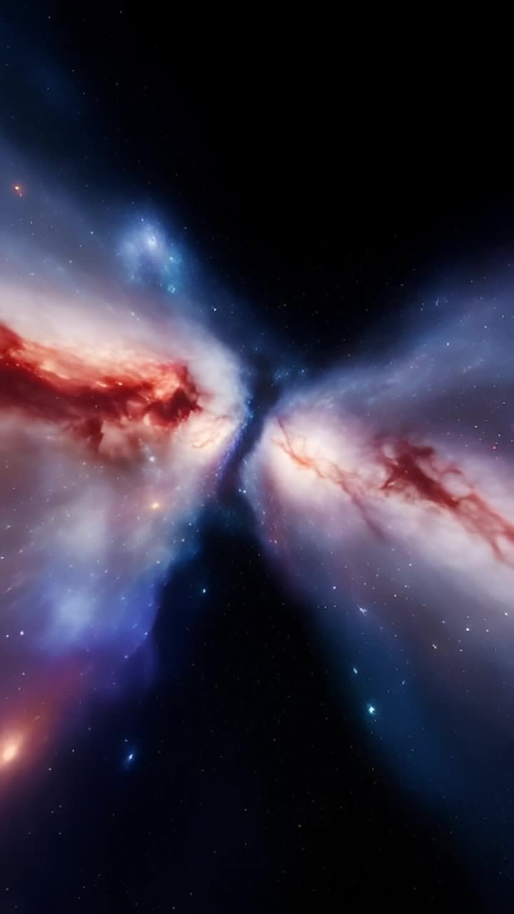 两个星系正在宇宙中相互飞驰。星星和星云动态地旋转。