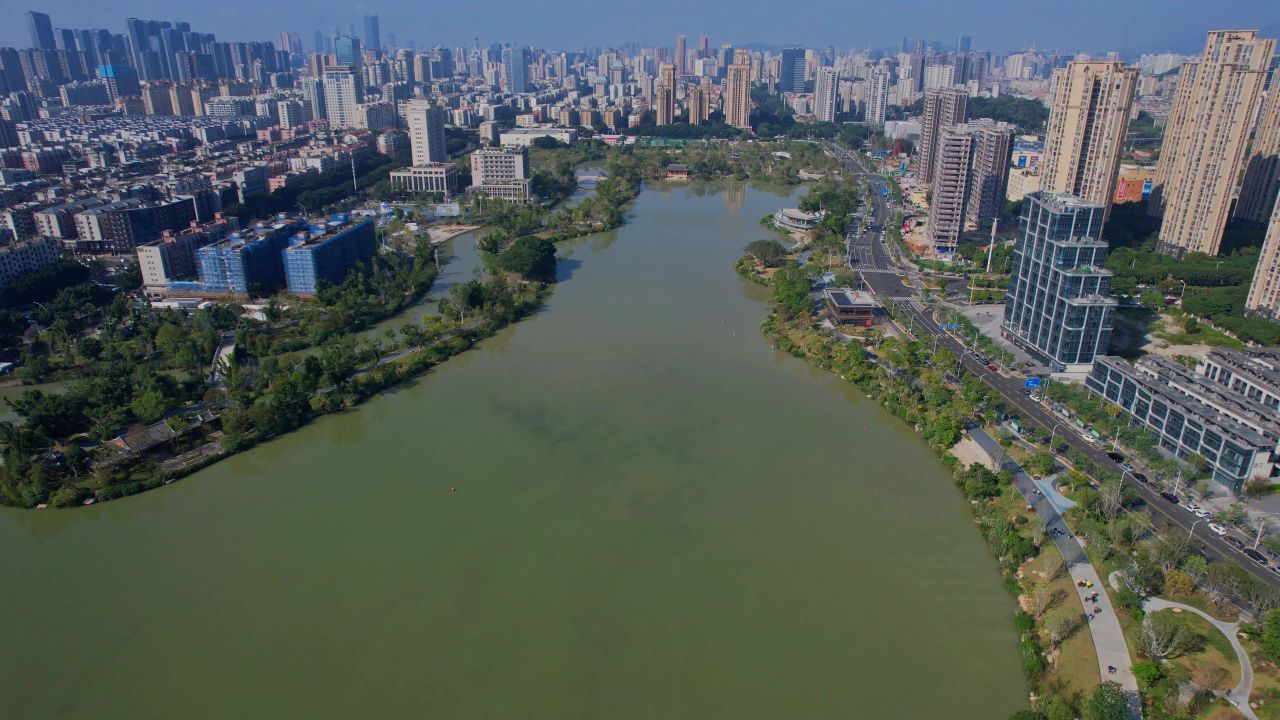 航拍福州晋安湖公园景观 