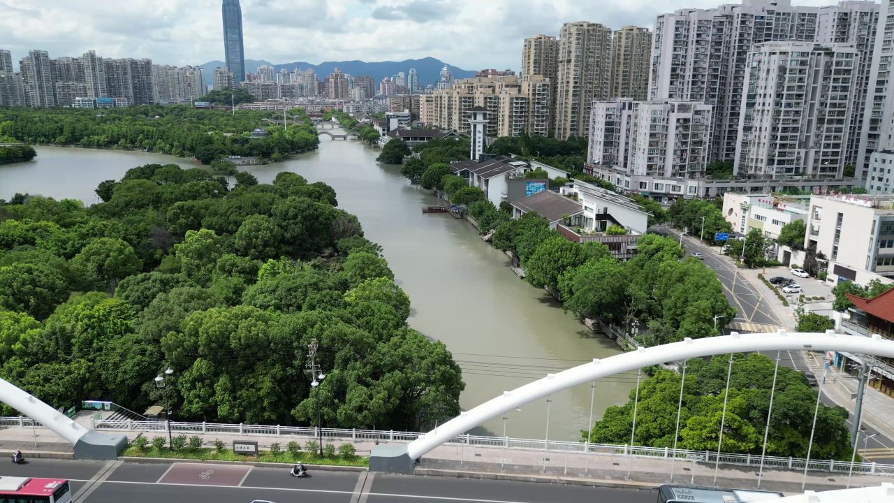 航拍温州南塘文化旅游区南塘大桥