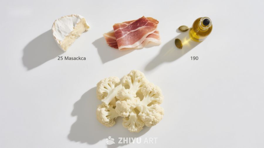 食材组合：花椰菜、奶酪、火腿与橄榄油