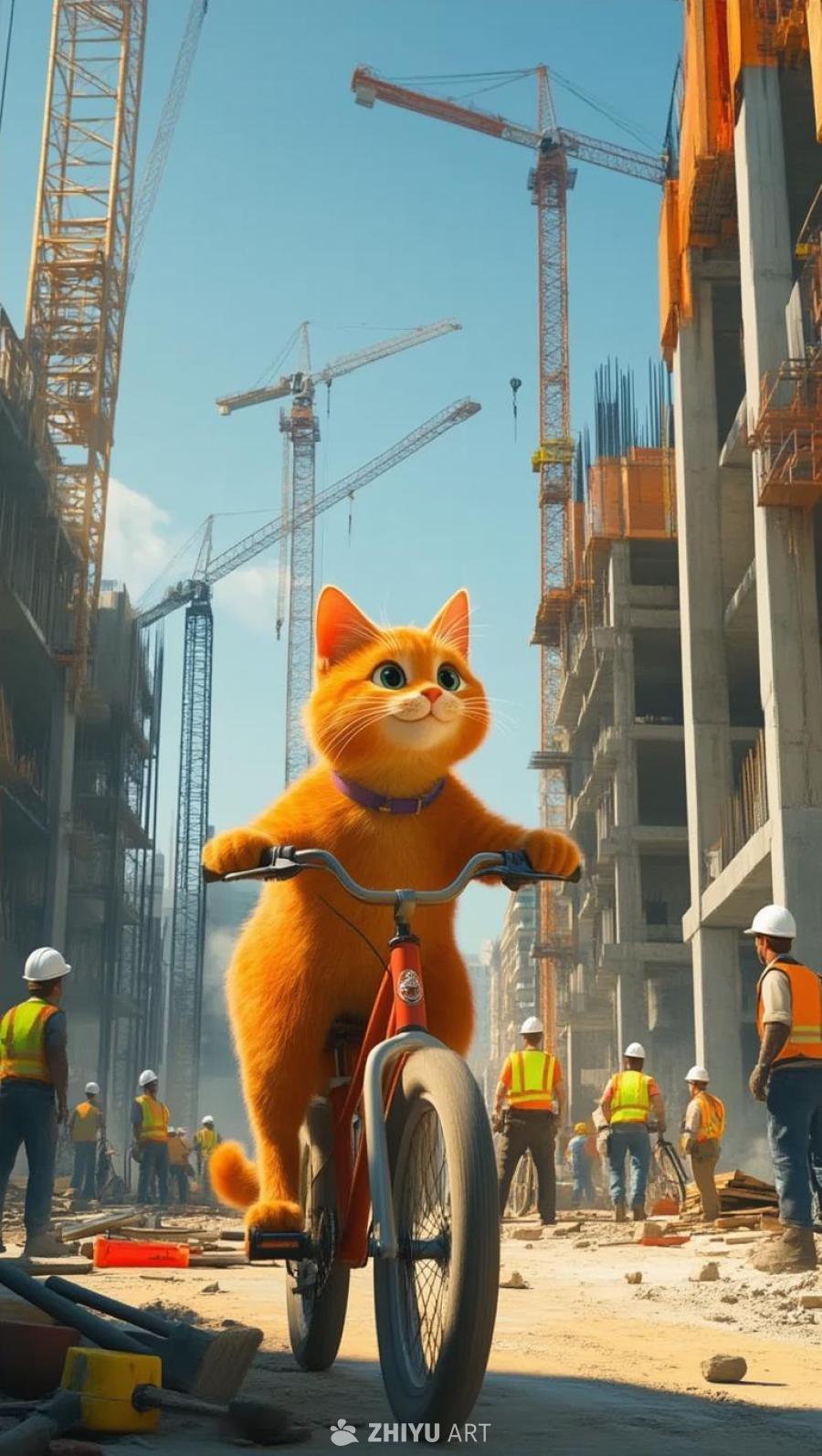 一只橘色的猫骑着自行车，穿行在一个繁忙的建筑工地。