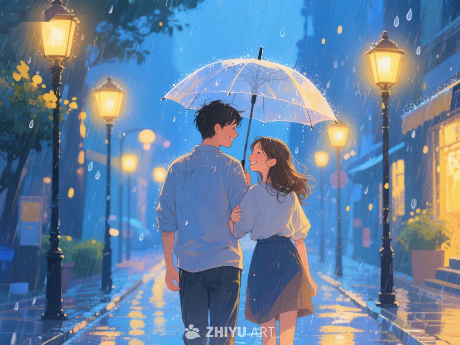 雨夜街头的温馨伞影 1053
