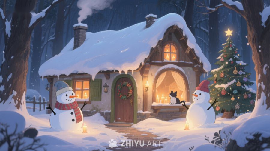 雪夜小屋与雪人 425