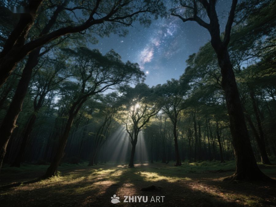 夜幕森林，星光与光束交织 461