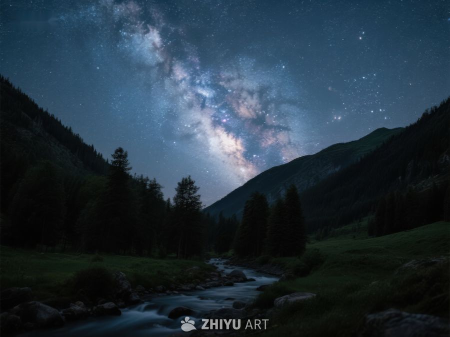 银河夜空下的山谷溪流 534