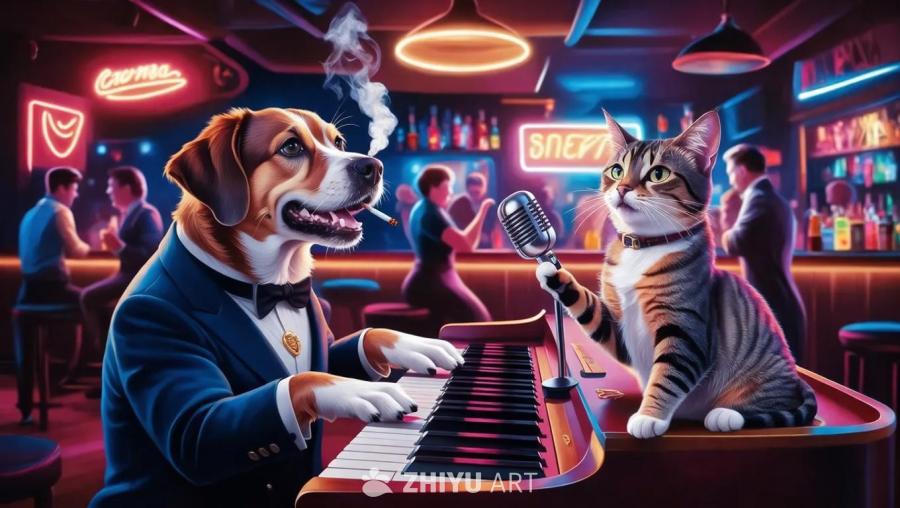 夜间拥挤的酒吧里，一只穿着西装、叼着香烟的狗正在弹