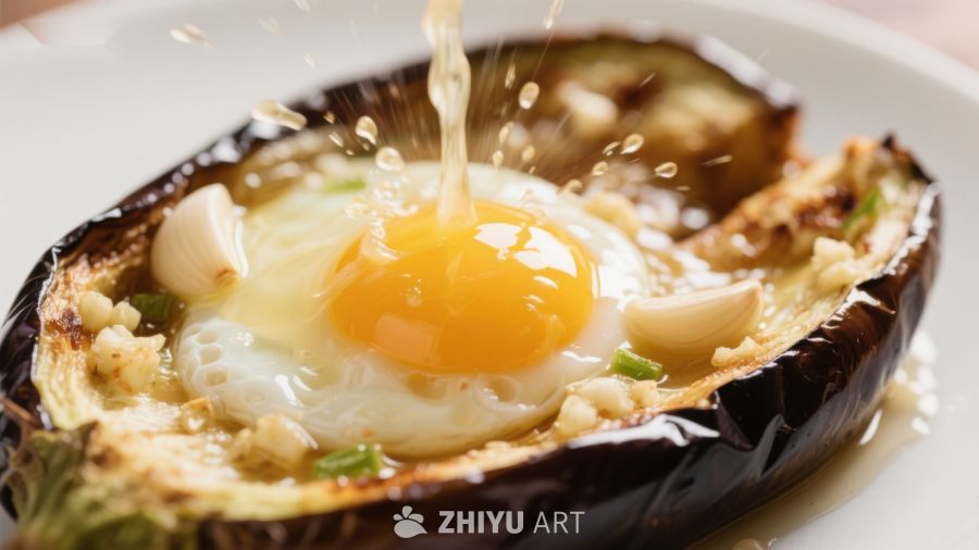 蛋黄浇灌在烤茄子上的美食特写