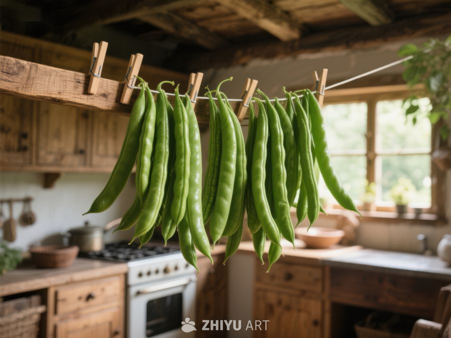 厨房晾挂的绿色豆荚 82