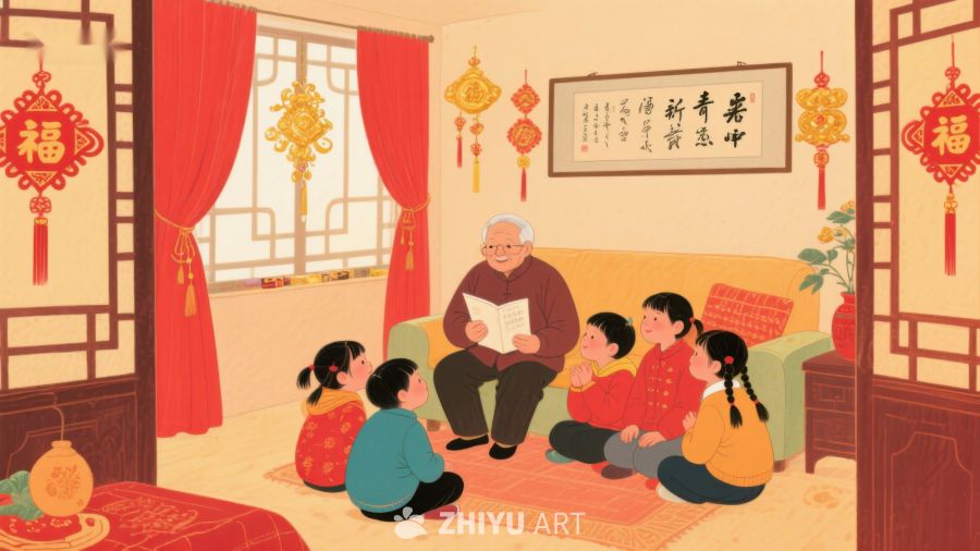 家庭围坐听长辈讲故事 583