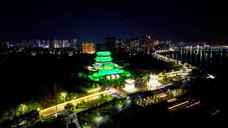 航拍江西抚州拟岘台夜景 灯光 