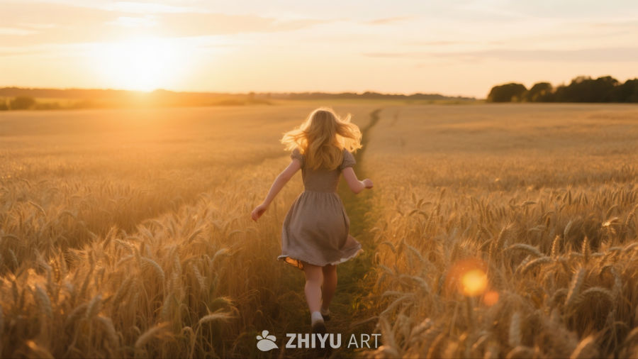 夕阳麦浪，金发少女迎着阳光奔跑的背影