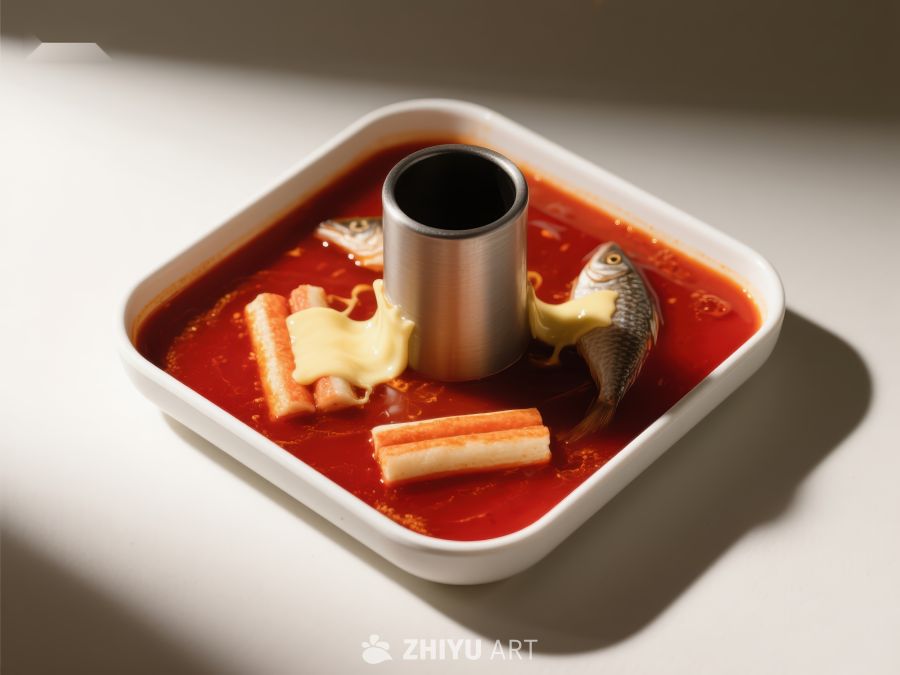 红色汤汁中的食材与金属杯 150