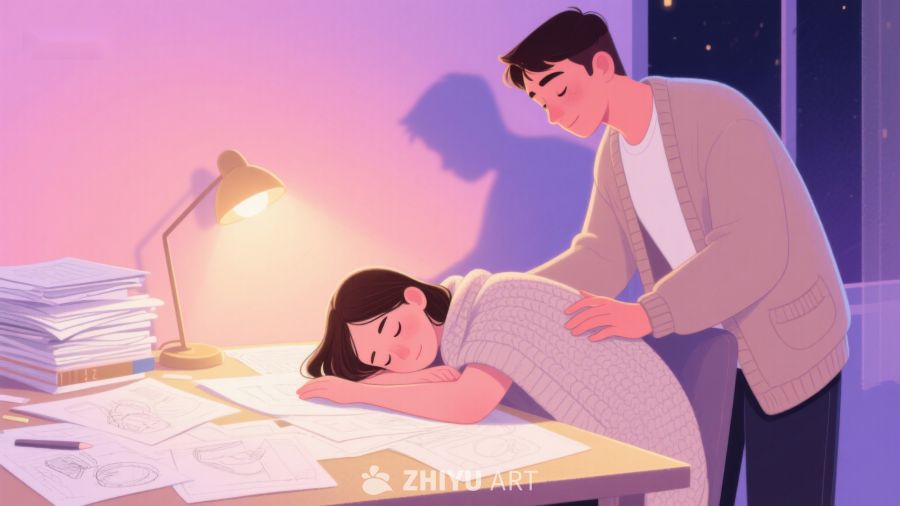 疲惫女孩在桌前睡着，男子轻抚安慰 238