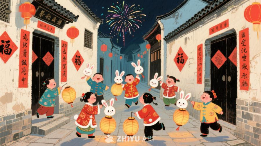 欢庆春节，孩童提灯舞兔迎新年 349