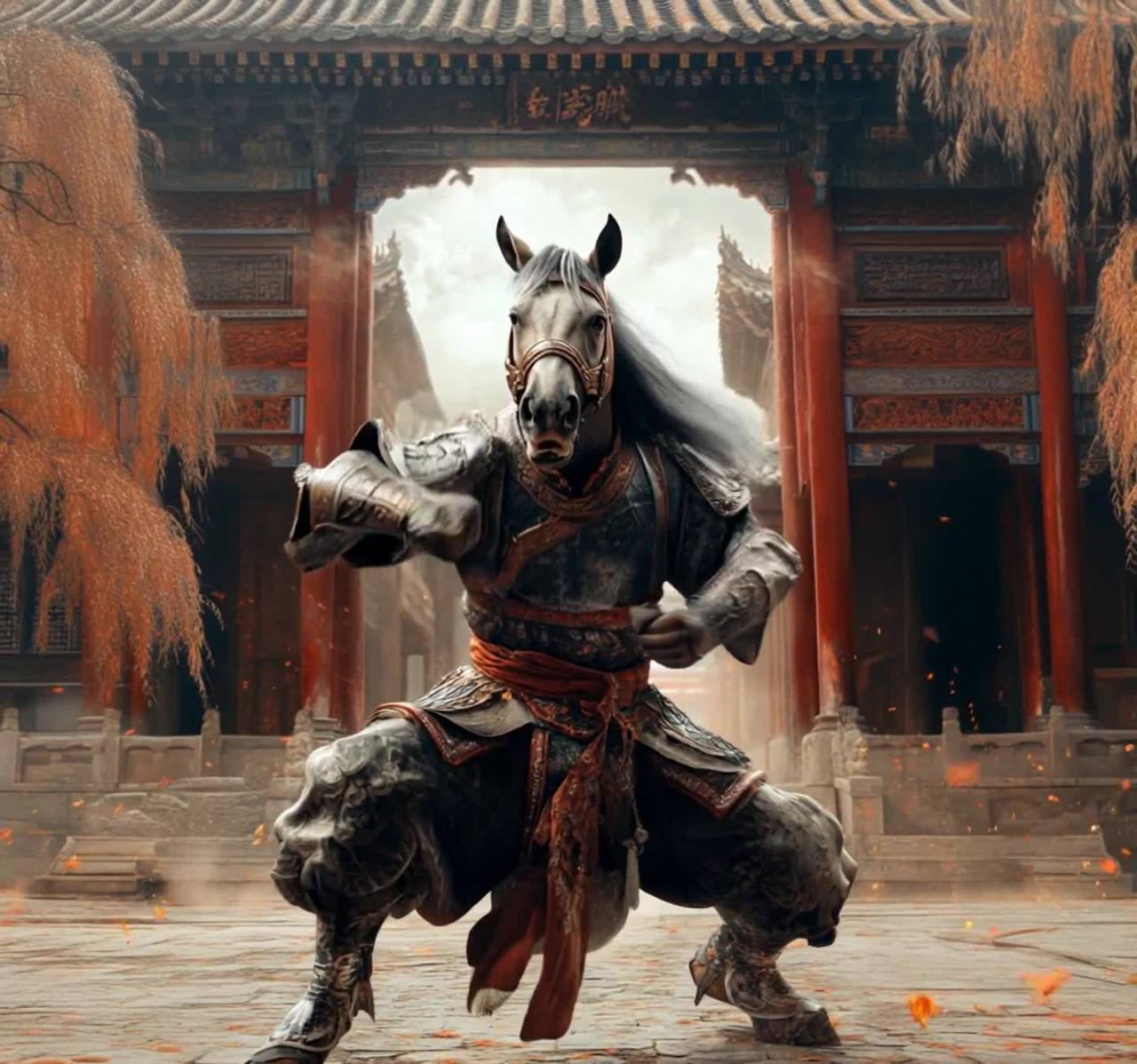 一匹拟人化的马穿着少林服装，摆出少林拳的姿势。它站