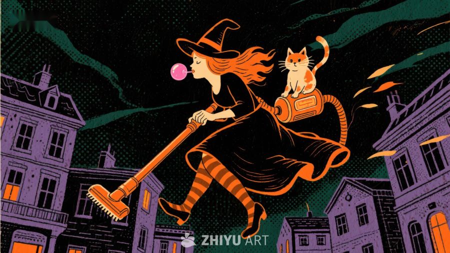 夜空中的女巫与猫