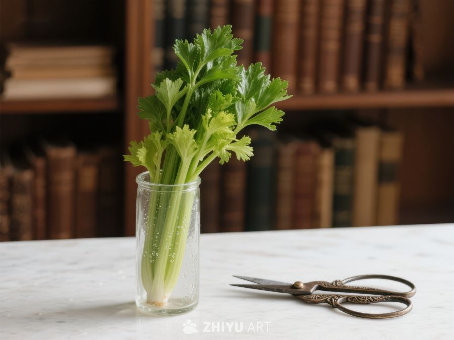 芹菜置于玻璃杯中，背景为书架 358