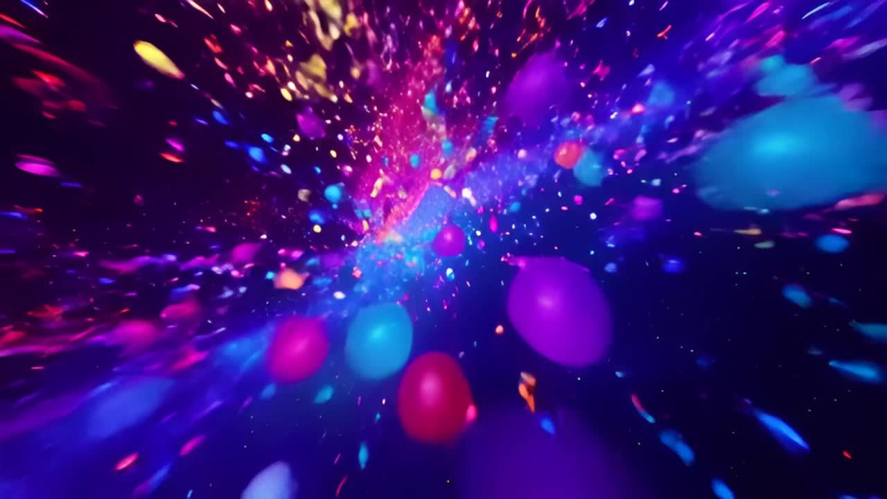 太空中的派对，五彩斑斓的气球和彩带飘浮四周。相机在