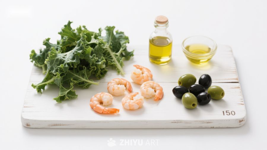 新鲜食材：虾仁、橄榄、生菜与橄榄油