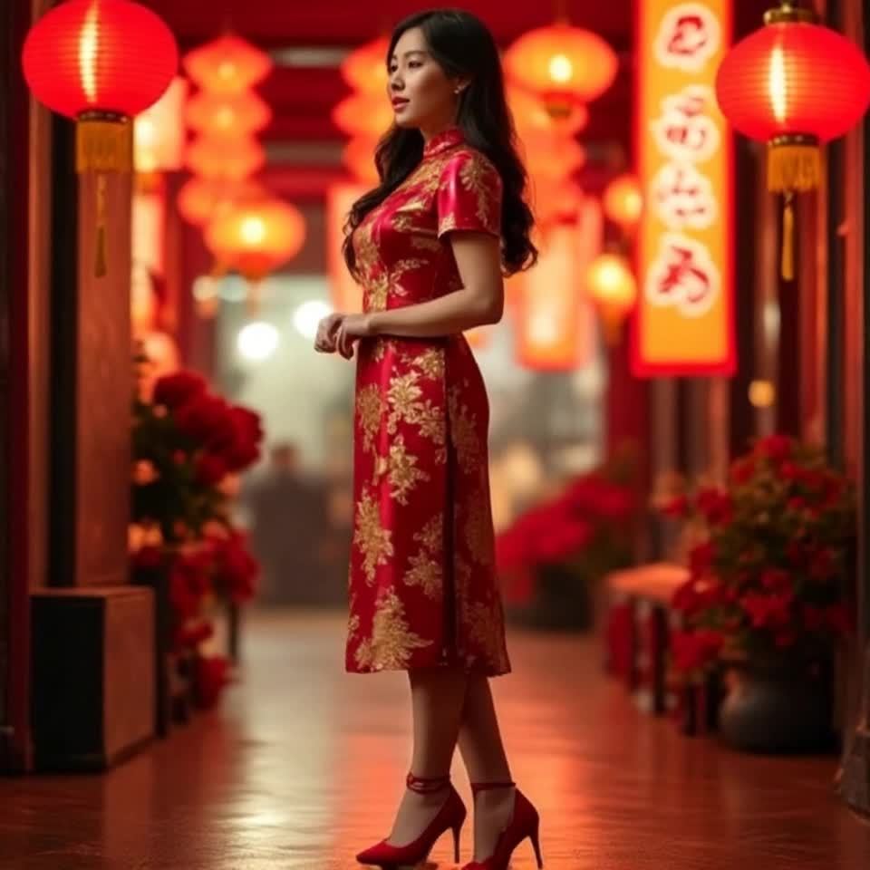 一位女士身着红色和金色相间的传统旗袍，旗袍上绣有精