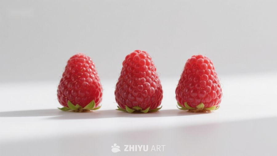 三颗新鲜覆盆子并排摆放