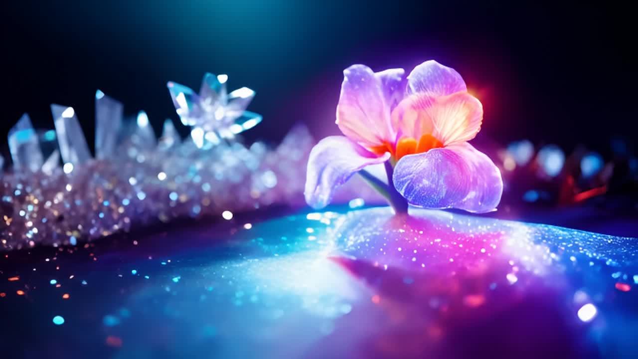 低角度静态镜头：光粒子汇聚形成一朵幻彩色的鸢尾花，