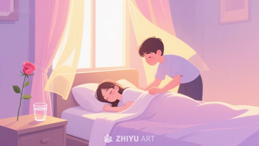 温馨晨曦：男孩轻抚熟睡女孩的秀发 366