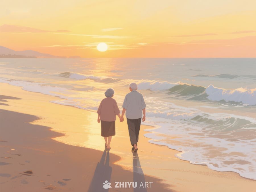 夕阳下携手漫步的老人 881