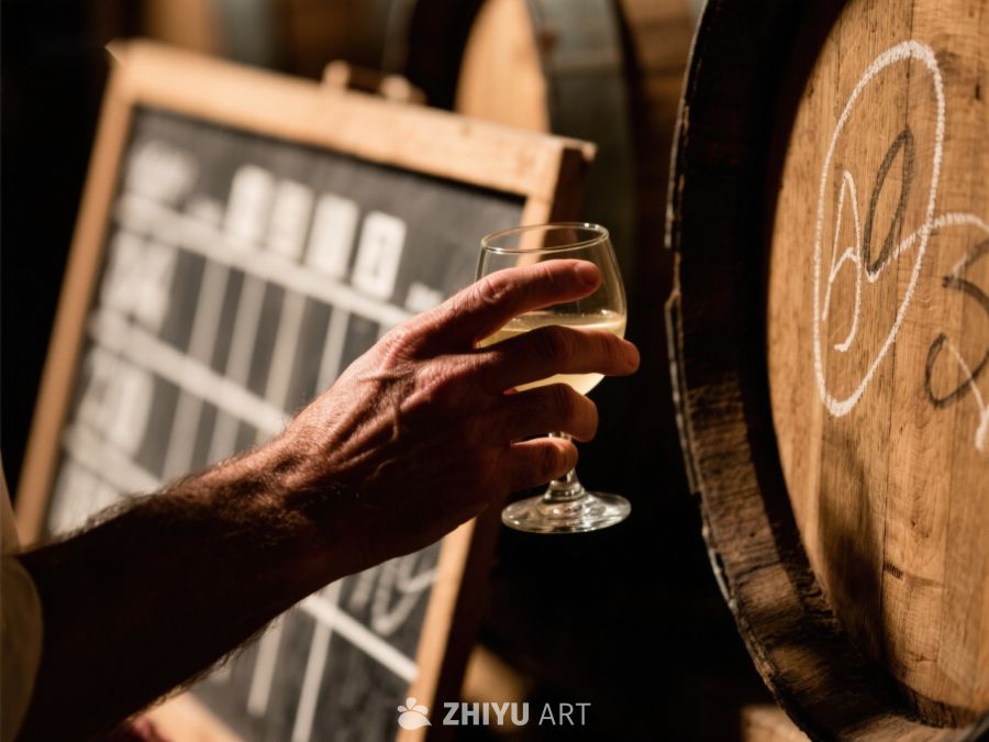 品酒师手持酒杯，背景为木桶和黑板 292