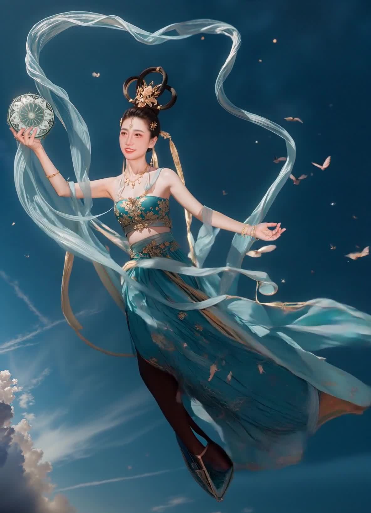 蓝裙金饰女子持圆盘漂浮蓝天白云间