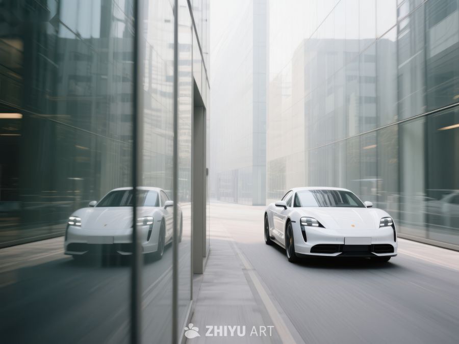 现代轿车在玻璃建筑间行驶 492