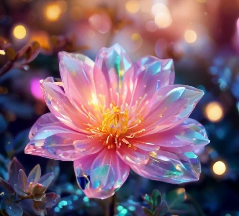 镜头缓慢后拉，画面中心是一朵由透明材质制成的莲花，