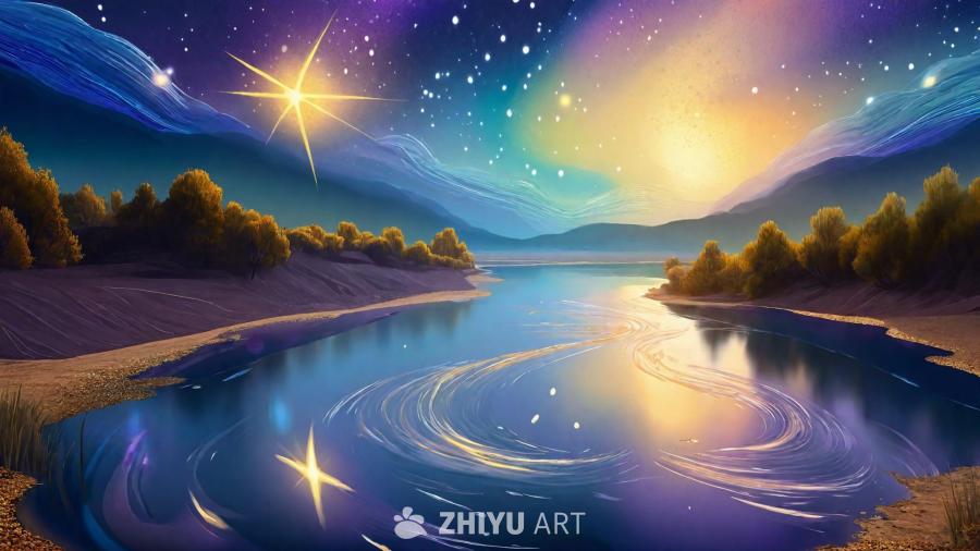 一条平静的河流蜿蜒穿过风景如画的景色，水面上闪烁着