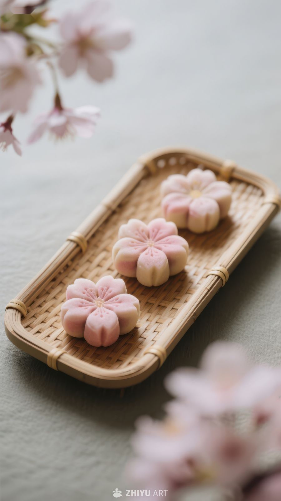 樱花造型糕点置于竹编托盘