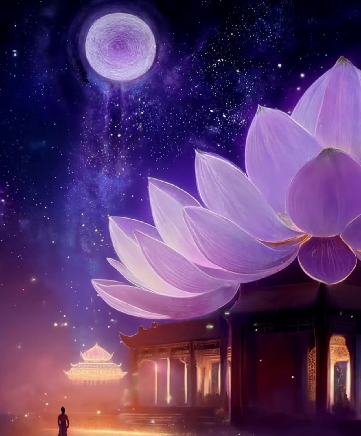 星空下的巨型莲花与寺庙，梦幻的氛围