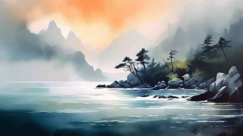 雾气缭绕水墨山水画简约风格 4