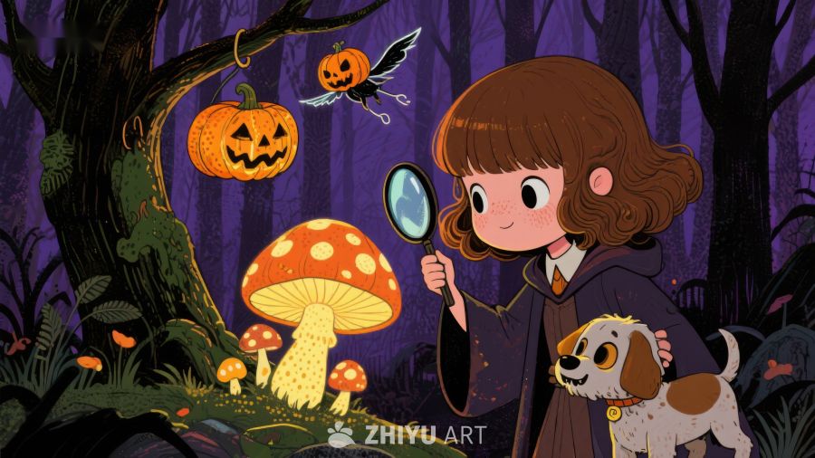 小女孩与宠物狗在魔法森林探险