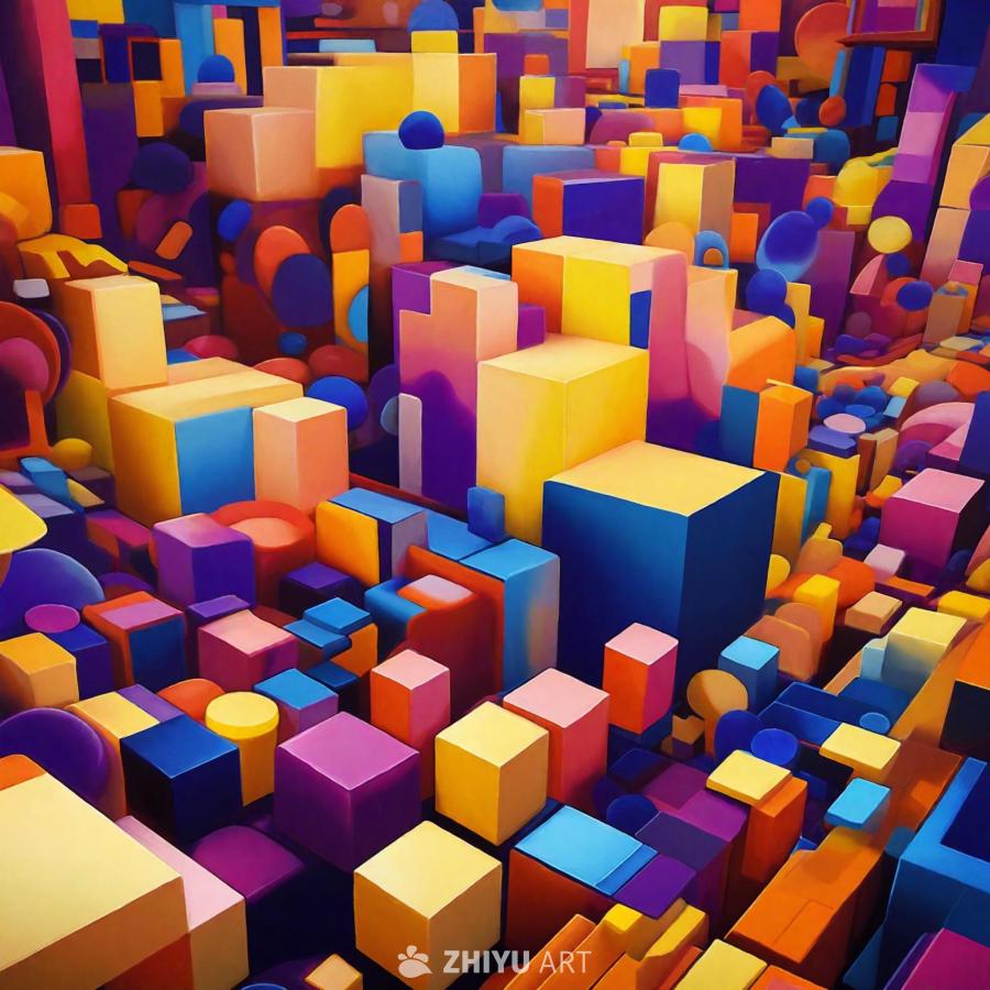 画面为一幅充满活力的抽象艺术作品，由多种形状构成，