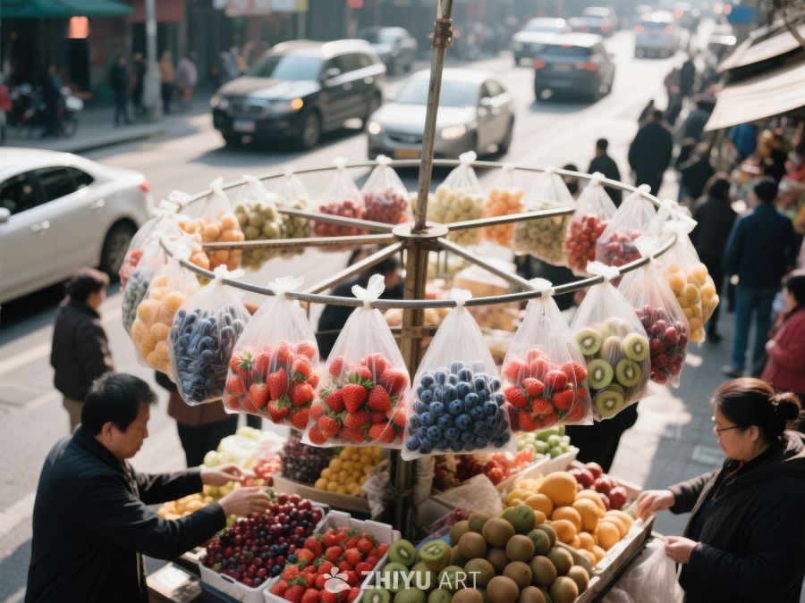 街头水果摊，顾客挑选新鲜果蔬 329