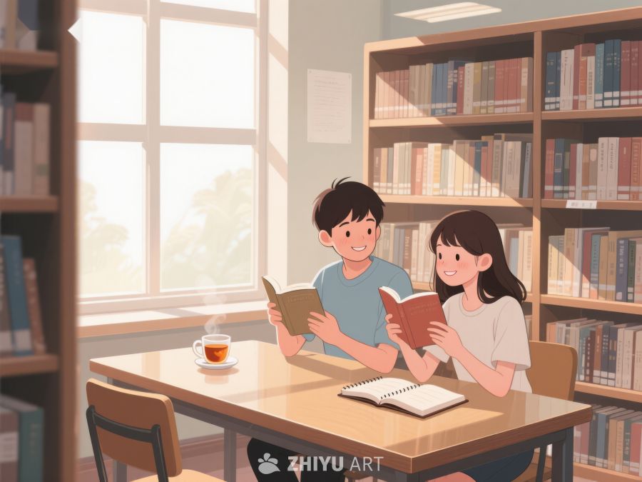 图书馆内两人共读温馨场景 687