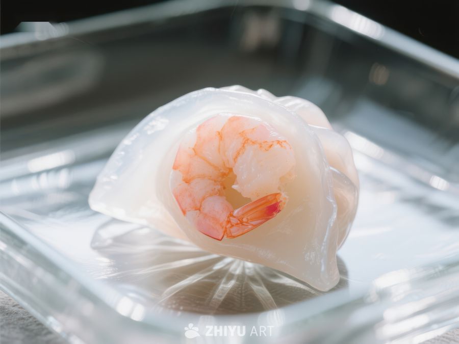 透明虾饺特写，置于玻璃盘中 1201