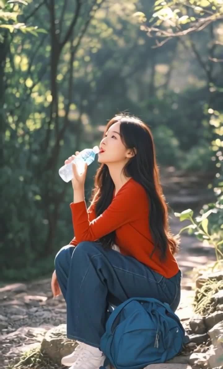 长发美女户外林间饮水微笑