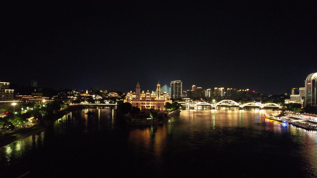 福建福州闽江两岸夜景航拍 