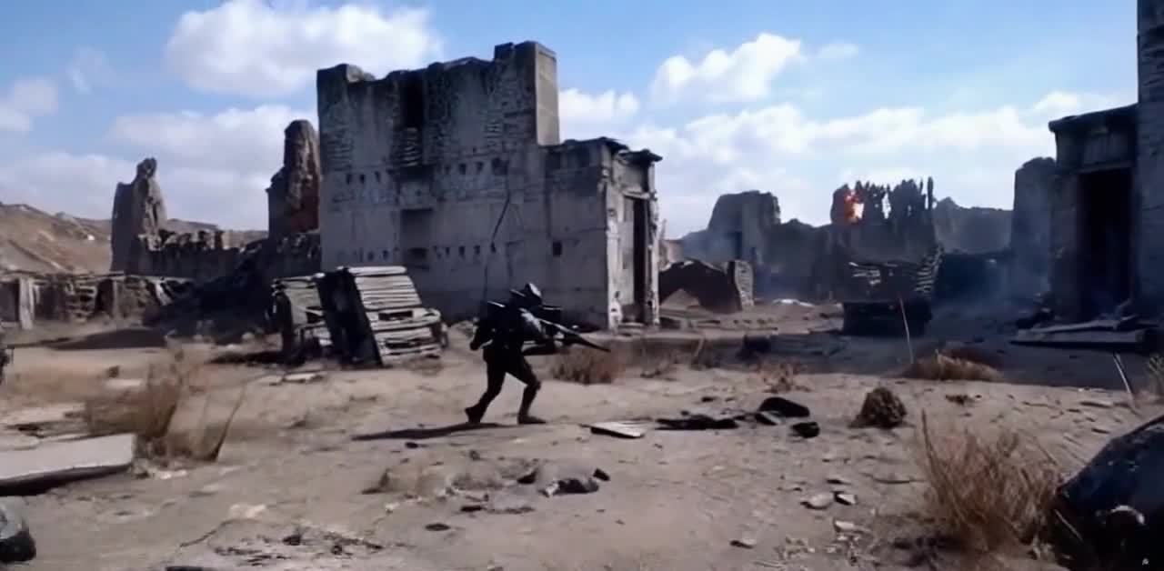 残破的建筑物矗立在一片荒凉的土地上，建筑破损严重，