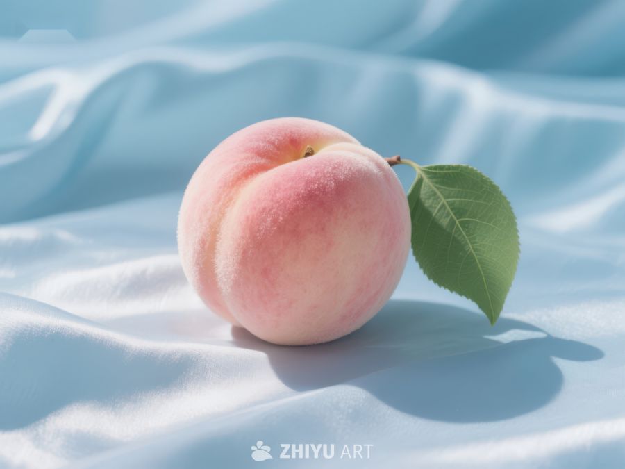 新鲜桃子静置于浅蓝布料上 727