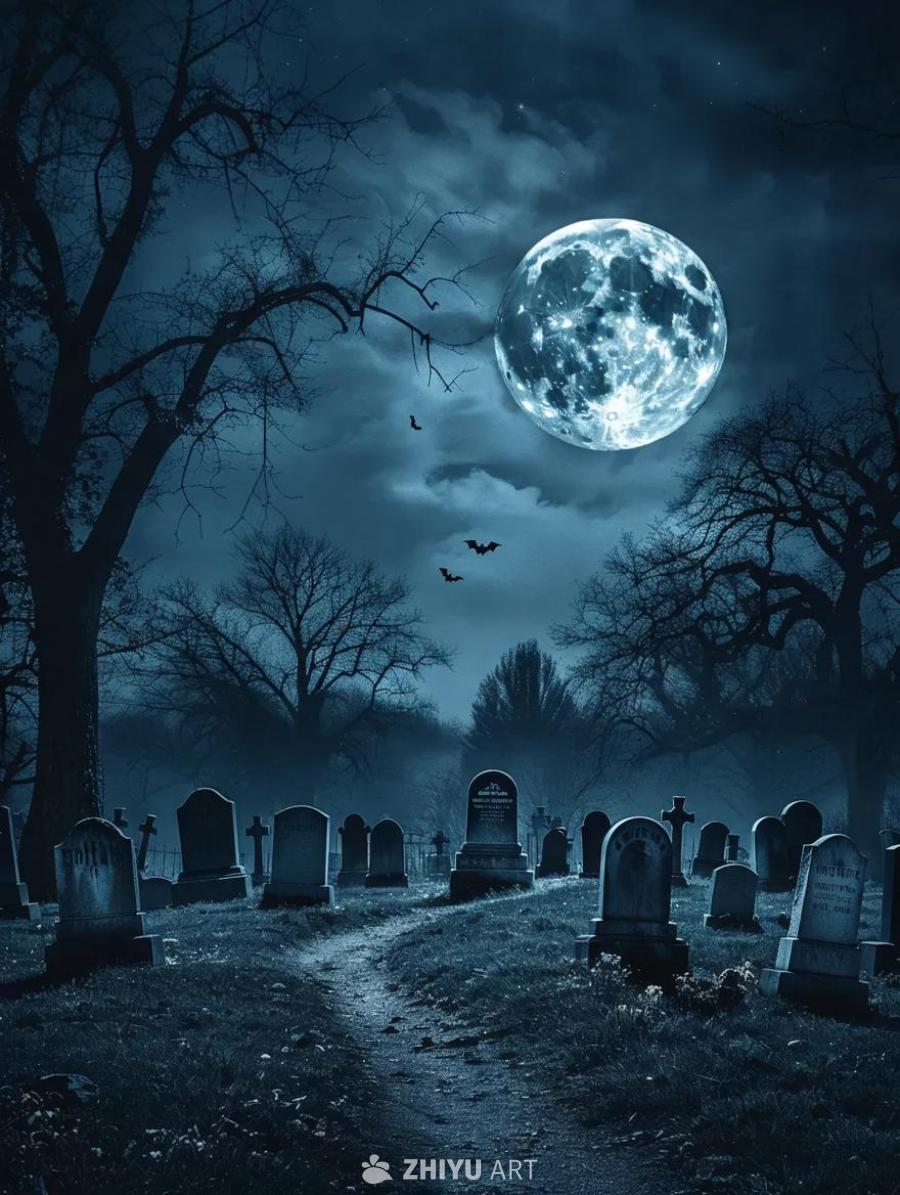 夜幕下的墓地，一轮满月高悬。树木枝干交错，几只蝙蝠