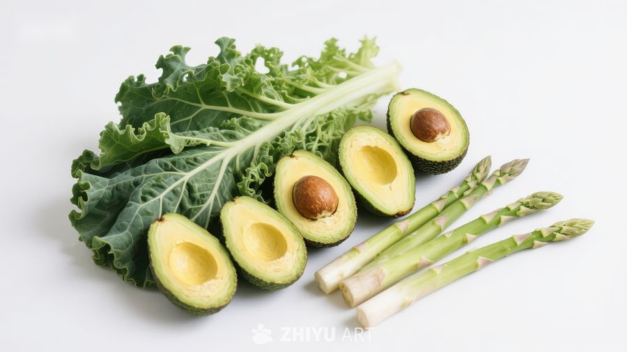 新鲜绿叶蔬菜与牛油果、芦笋组合